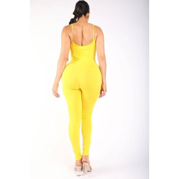 Women's Spaghetti Strap Yellow Bodycon Tank One Piece Jumpsuits Rompers S M L - Picture 4 of 9